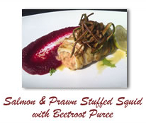 recipe Salmon Prawn Stuffed Squid with Beetroot Puree
